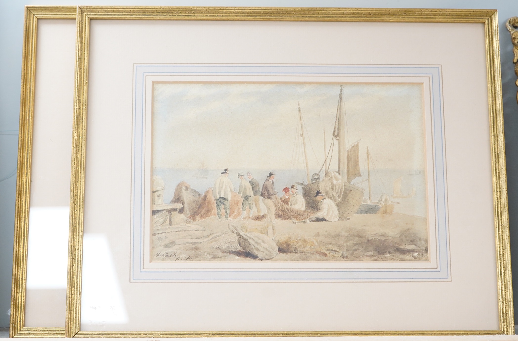Frederick Nash (1782-1856), Fishermen and boats on Brighton beach and one other, one signed, each inscribed in ink verso, pair of watercolours, 16 x 24cm